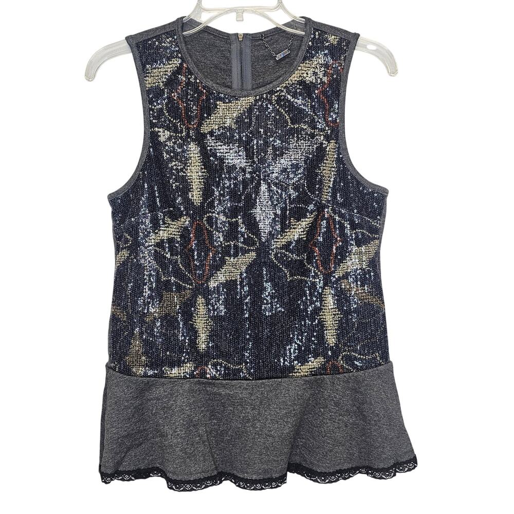 Custo Barcelona Women Grey Sequin Peplum Design Tank Top-Size 2